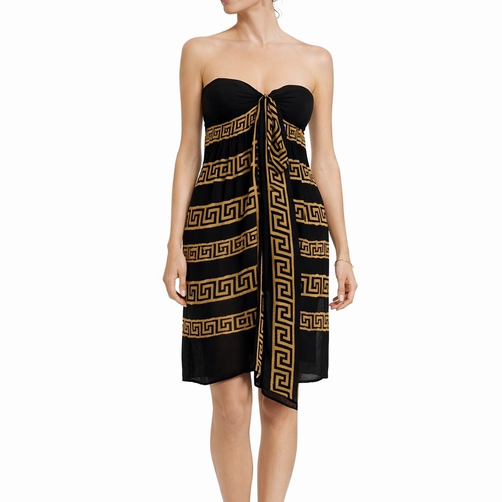 Temperley London Black and Gold Grecian Strapless Dress with Halter Tie